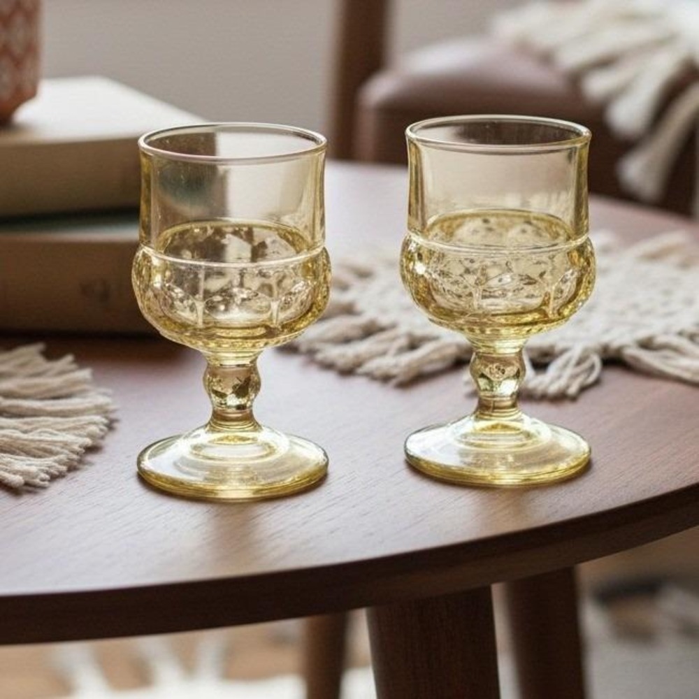 Indiana Glass Kings Crown Thumbprint Goblets, Set‎ of 2, Vintage Yellow Stemware